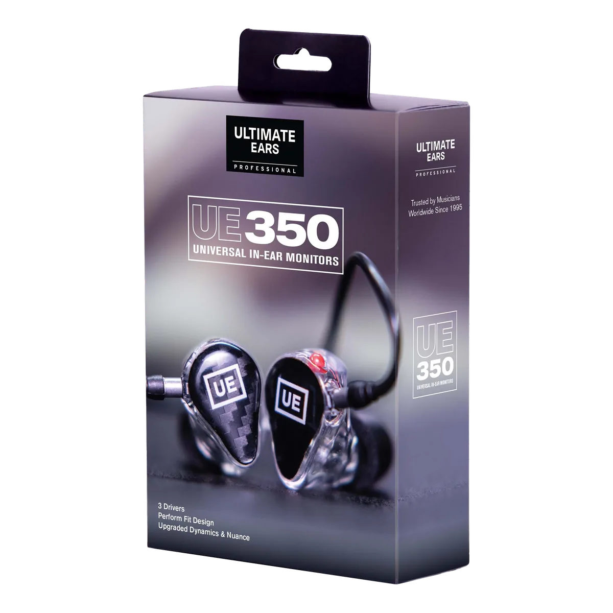 Ultimate Ears UE 350 universal in-ear monitor retail box, shown at a three-quarter angle with earphones pictured on the front.